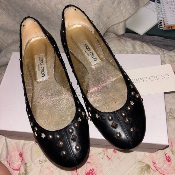 Jimmy Choo Black and Gold Flats with Studded Elegance